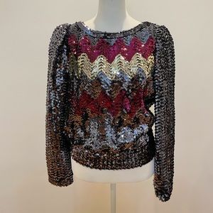 Vintage 80s Partique Gun Metal Chevron Design Sequined Top/Blouse, Union Label